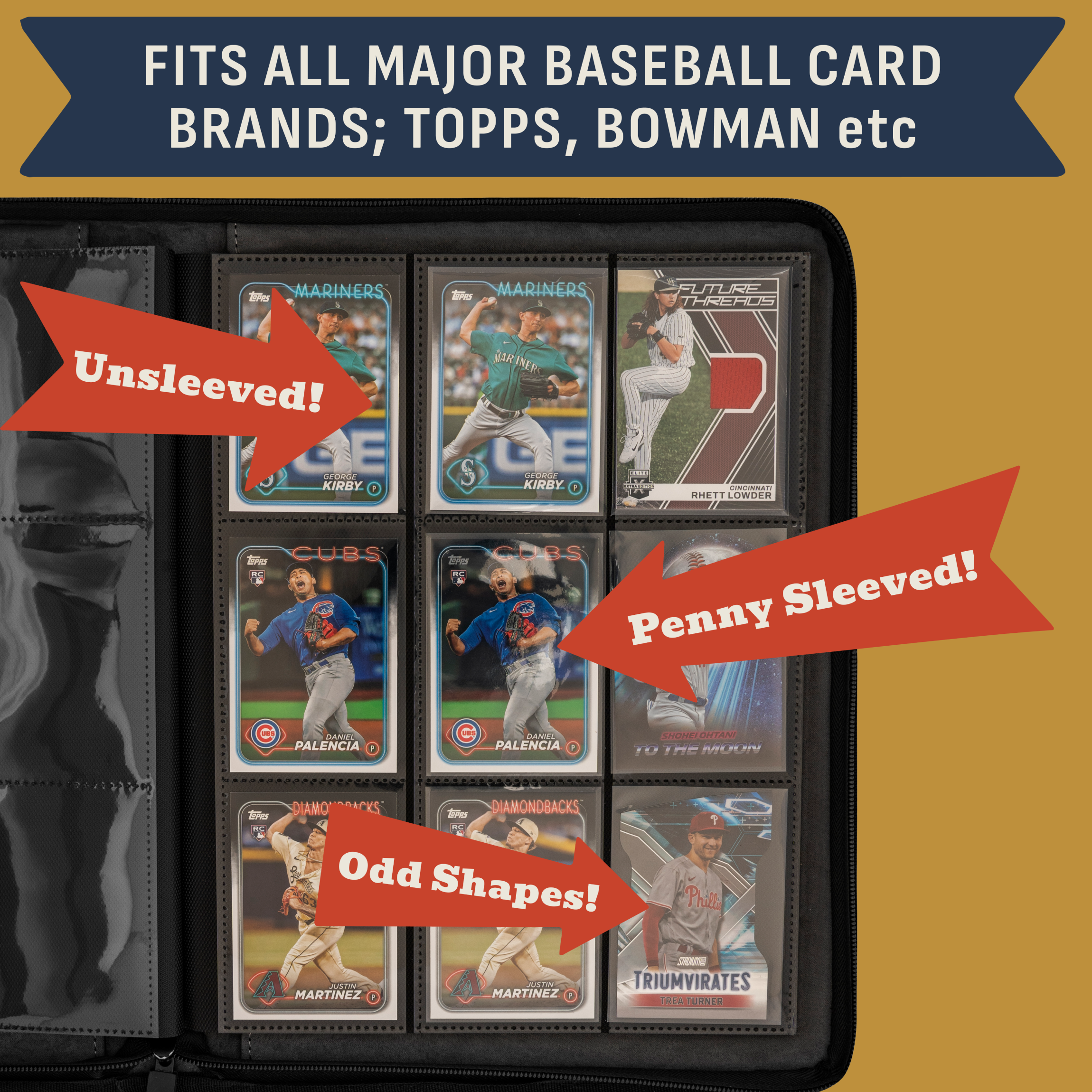 3D Baseball Card Binder with Vintage Design - 9 Pocket Album w Zipper for 360 Baseball Cards