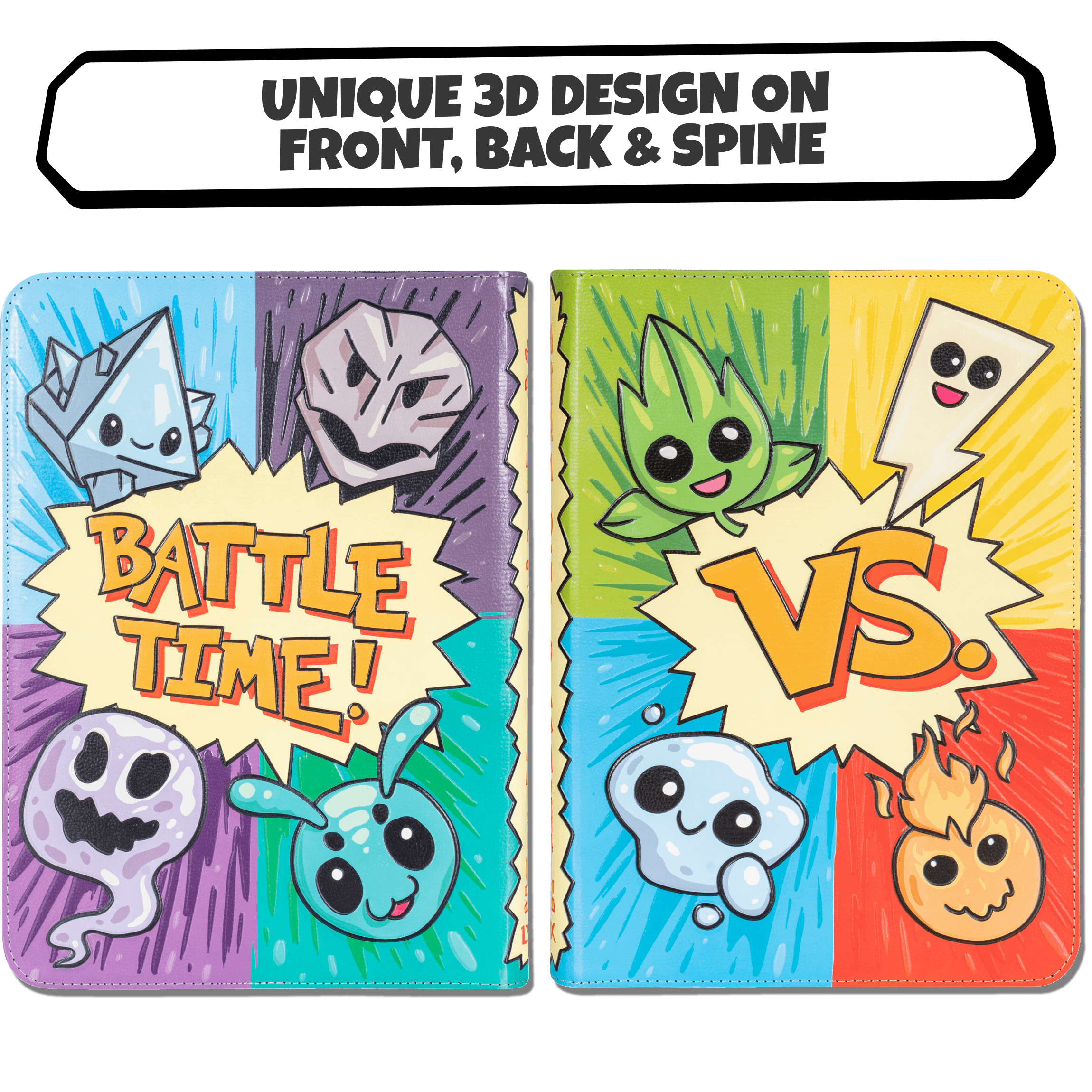 3D Card Binder for Pokemon - Stunning 3D Raised Pk Types Design in PU Leather with Zipper Great Sleeve Album/TCG Holder/Trading Card Collection Book Gift.