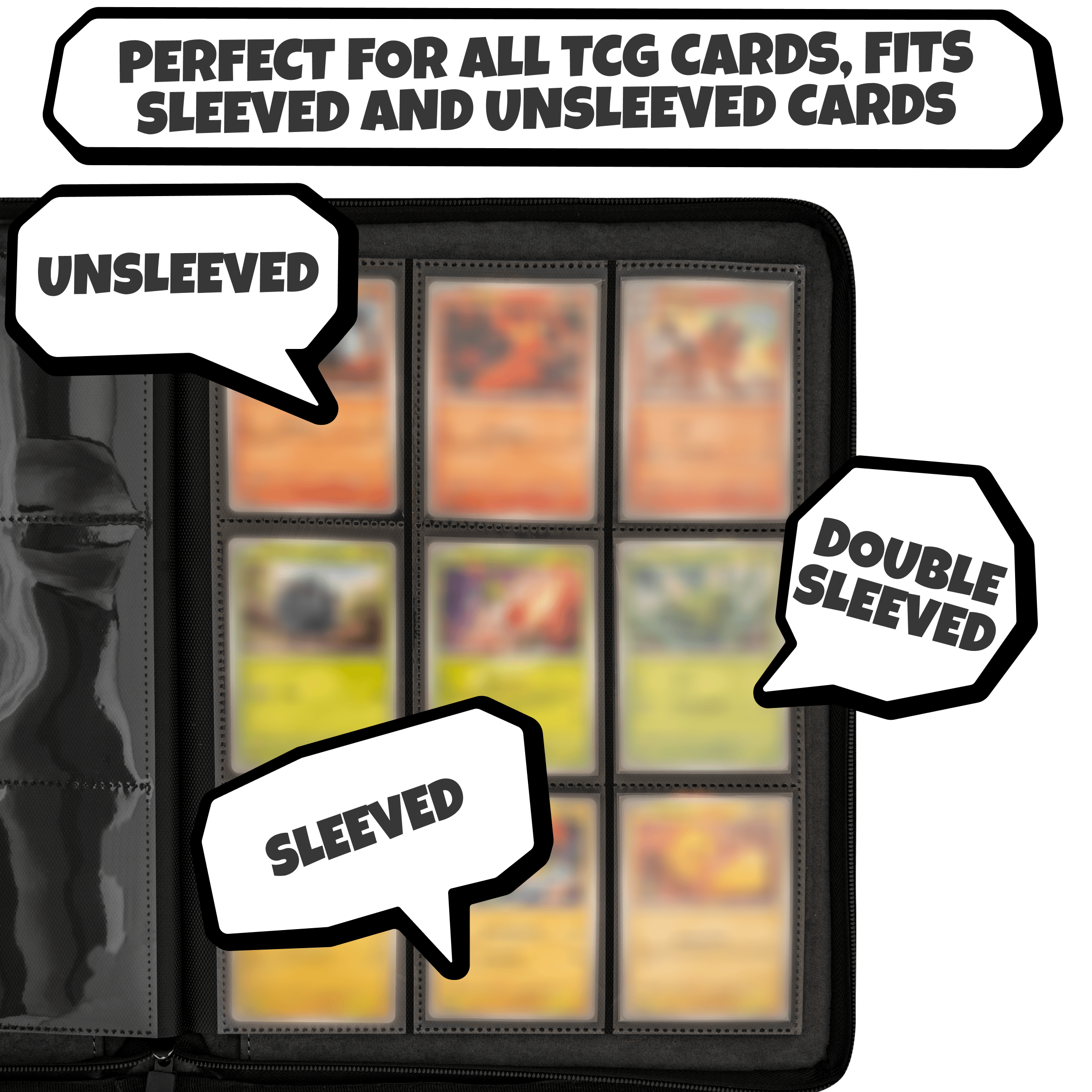 3D Card Binder for Pokemon - Stunning 3D Raised Pk Types Design in PU Leather with Zipper Great Sleeve Album/TCG Holder/Trading Card Collection Book Gift.