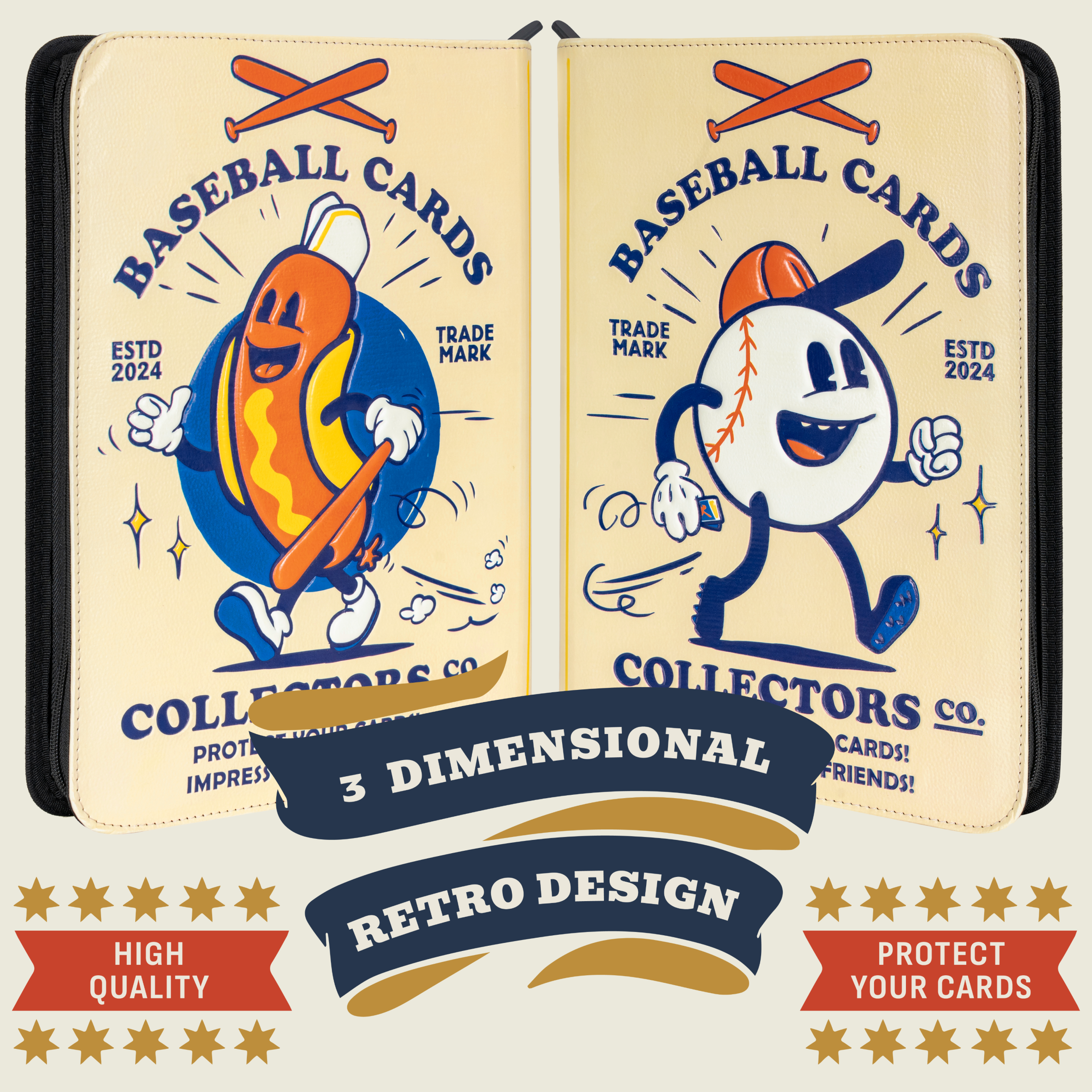 3D Baseball Card Binder with Vintage Cartoon Design - 9 Pocket Album w Zipper for 360 Baseball Cards