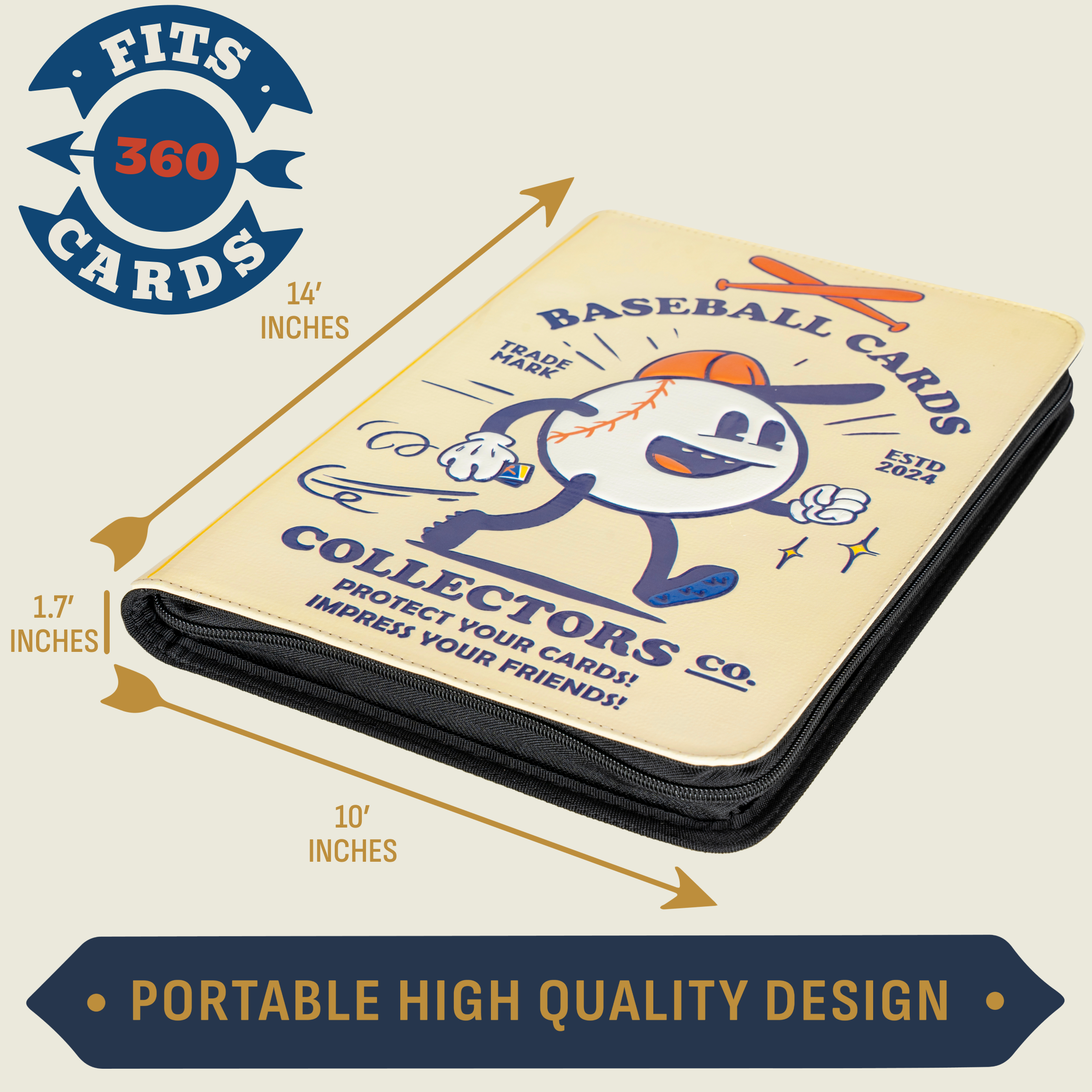 3D Baseball Card Binder with Vintage Cartoon Design - 9 Pocket Album w Zipper for 360 Baseball Cards