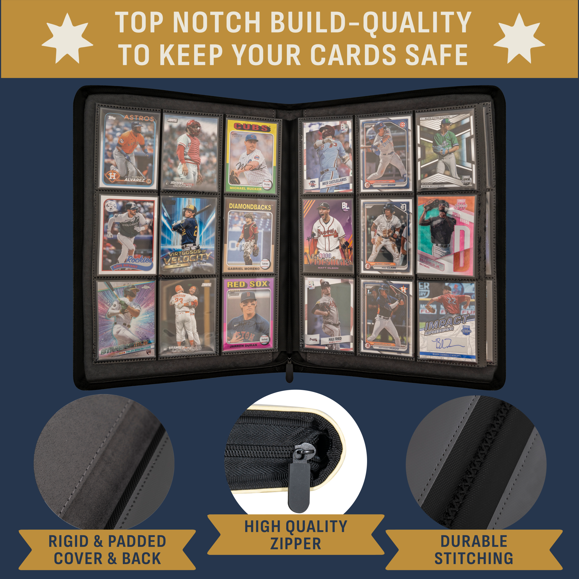 3D Baseball Card Binder with Vintage Cartoon Design - 9 Pocket Album w Zipper for 360 Baseball Cards