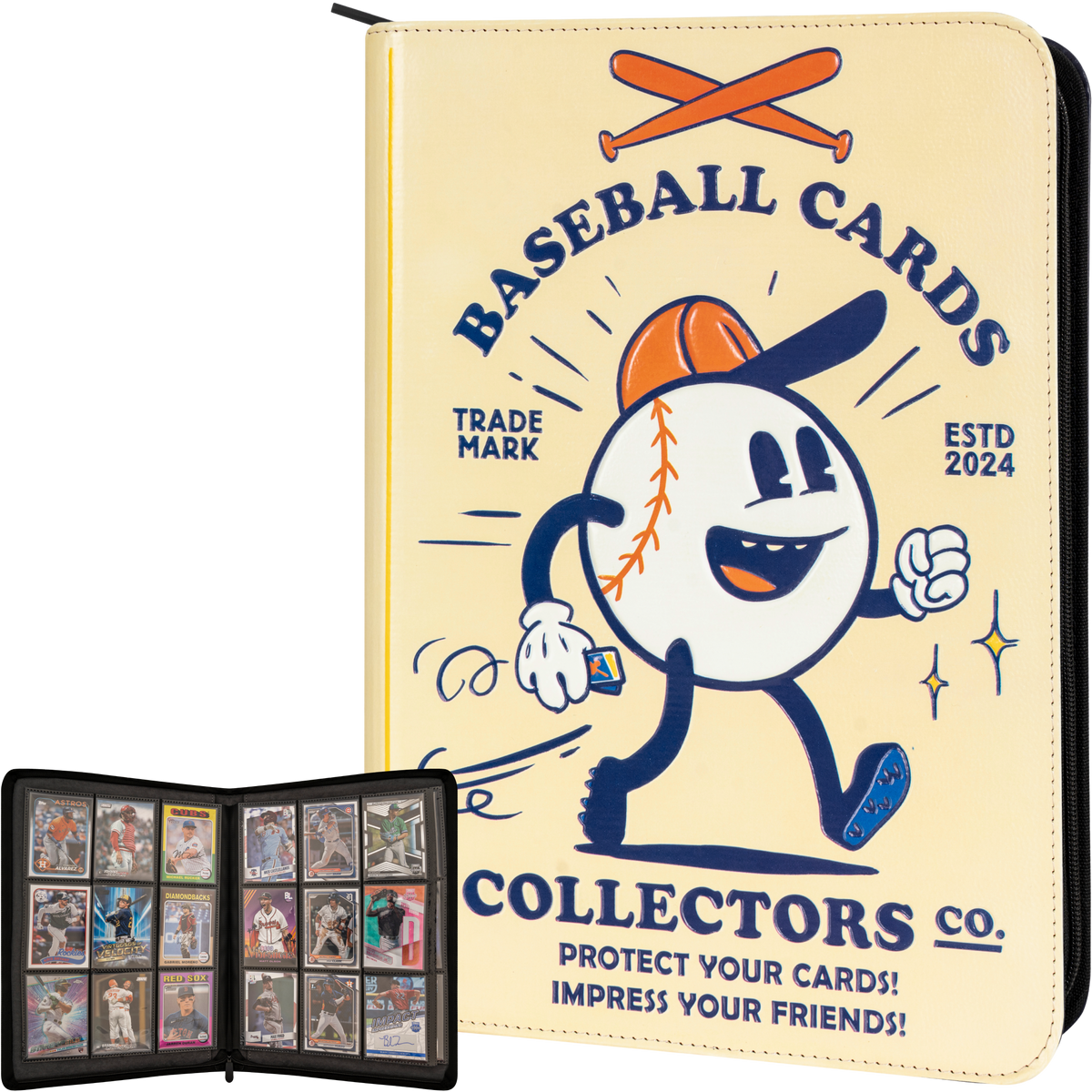3D Baseball Card Binder with Vintage Design - 9 Pocket Album w Zipper