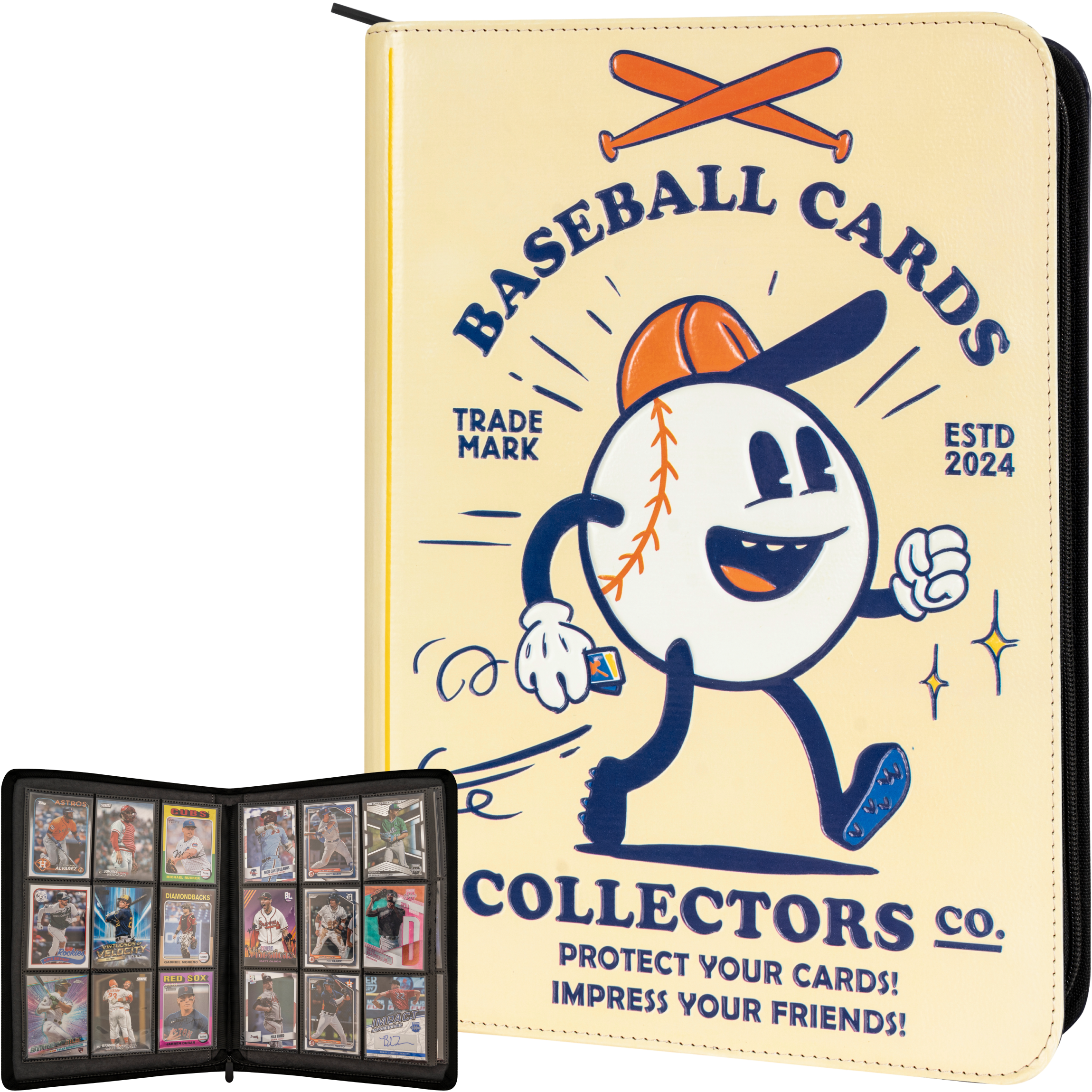 3D Baseball Card Binder with Vintage Cartoon Design - 9 Pocket Album w Zipper for 360 Baseball Cards