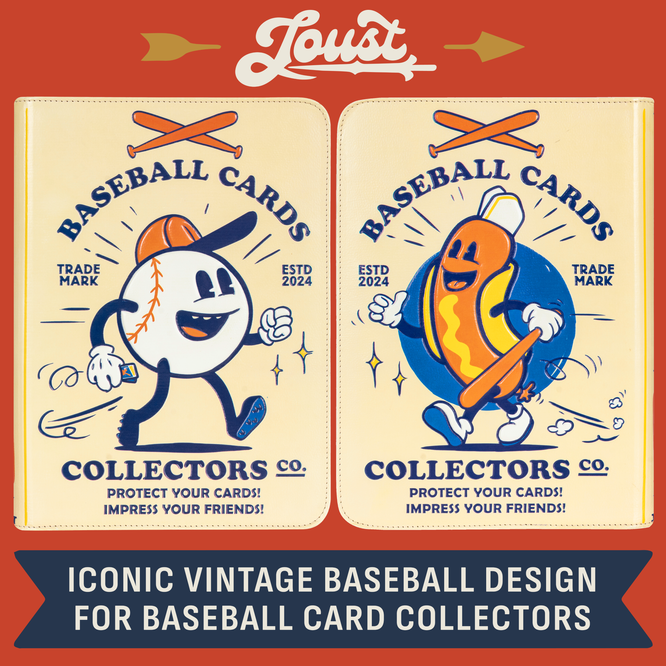 3D Baseball Card Binder with Vintage Cartoon Design - 9 Pocket Album w Zipper for 360 Baseball Cards