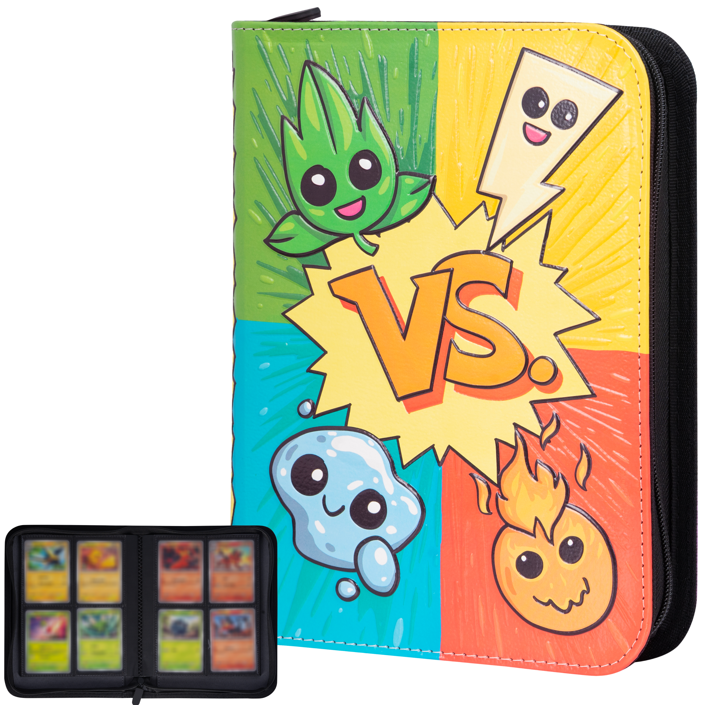 3D Card Binder for Pokemon - Stunning 3D Raised Pk Types Design in PU Leather with Zipper Great Sleeve Album/TCG Holder/Trading Card Collection Book Gift.