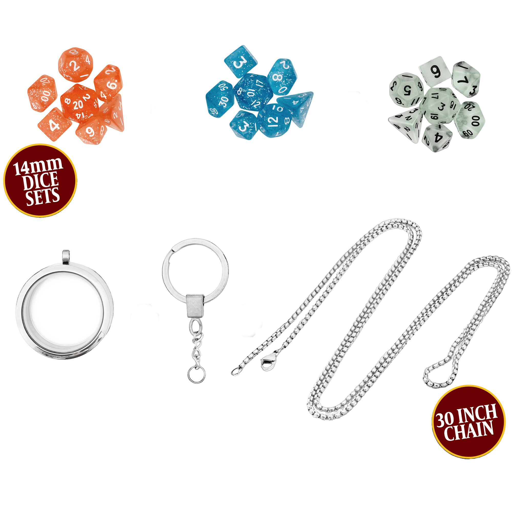 Dice Locket w Necklace & Keychain + 3 Dnd Mini Dice Sets Fantasy Jewelry